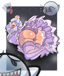 1girl ass ass_focus boo_(mario) border breasts cleavage dress earrings elbow_gloves frilled_dress frills full_body ghost_pose gloves highres huge_ass jewelry large_breasts legs long_dress long_hair looking_at_viewer looking_back luigi&#039;s_mansion mario_(series) monster_girl mrkashkiet new_super_mario_bros._u_deluxe nintendo open_mouth panties pointy_ears princess_king_boo purple_legwear purple_panties sharp_teeth shiny_skin silver_hair smile soles star_(symbol) starry_background super_crown teeth thick_thighs thighs tongue tongue_out underwear upper_teeth_only white_border white_dress white_gloves rating:Questionable score:33 user:DarkToonLink
