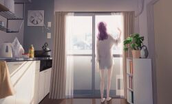  1girl bare_legs barefoot bottle commentary electric_kettle facing_away highres indoors kettle kitchen morning no_pants original plant potted_plant purple_hair see-through_silhouette shirt solo stuffed_animal stuffed_penguin stuffed_toy white_shirt yukkering_(yukke) 