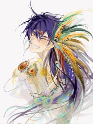  1boy blush earrings feather_hair_ornament feathers forehead_jewel grin hair_ornament happy head_chain highres hoop_earrings jewelry kuoyue480 long_hair looking_at_viewer looking_back magi_the_labyrinth_of_magic male_focus necklace purple_hair simple_background sinbad_(magi) smile solo white_background yellow_eyes 