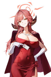  1girl absurdres aru_(blue_archive) aru_(dress)_(blue_archive) blue_archive breasts card cleavage covered_navel demon_horns dress earrings gloves halo hand_on_own_hip highres holding holding_card horns id_card jacket jacket_on_shoulders jewelry large_breasts long_hair necklace official_alternate_costume pink_hair pink_halo red_dress runfufu simple_background smile solo white_background white_gloves yellow_eyes 