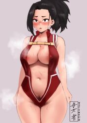  1girl areola_slip black_eyes black_hair blush boku_no_hero_academia breasts center_opening cleavage covered_erect_nipples cowboy_shot female_pubic_hair highres large_breasts leotard parted_lips ponytail pubic_hair pubic_hair_peek red_leotard solo standing yaoyorozu_momo yotamono  rating:Questionable score:7 user:danbooru