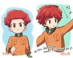  1boy afro english_text episode_number frown green_eyes haizai high_collar jacket kyle_broflovski male_focus messy_hair multiple_views musical_note open_mouth outstretched_arms red_hair south_park v-shaped_eyebrows zipper 