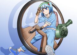 00s 1girl blue_eyes blue_hair crossover female_focus fuuzasa gloves goggles goggles_on_head hair_bobbles hair_ornament hat hood hoodie kawashiro_nitori matching_hair/eyes monowheel riding shoes short_twintails sleeves_rolled_up sneakers solo steamboy steampunk touhou twintails two_side_up zabaniya 