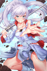 1girl artist_request ass blue_eyes boots breasts cameltoe cleavage earrings female_focus highres holding jewelry long_hair necklace panties ponytail rapier rwby scar scar_across_eye scar_on_face solo spread_legs sword underwear upskirt weapon weiss_schnee white_hair rating:Questionable score:22 user:CorruptedWishes