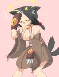  1girl animal_ears bell black_hair blush breasts brown_dress cat_ears cat_girl cat_tail cleavage commentary_request dizzy dress feet_out_of_frame flying_sweatdrops jingle_bell kyuumei_neko_(onmyoji) large_breasts lets0020 looking_at_viewer medium_hair multiple_tails neck_bell nose_blush off-shoulder_dress off_shoulder onmyoji open_mouth pink_background seeing_stars simple_background slit_pupils smile solo standing tail tearing_up two_tails wide_sleeves yellow_eyes 