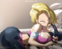  1girl android android_18 ass bed blonde_hair blue_eyes breasts cleavage doll dragonball_z highres large_breasts looking_at_viewer lying midriff on_stomach s shiny_skin sunglasses thighs vegeta 