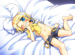  1girl bad_feet bad_id bad_pixiv_id barefoot bed bed_sheet belly blonde_hair blue_eyes blush breasts broiler fang grin hair_ornament hairclip headphones kagamine_rin loli lying midriff navel on_back one_eye_closed open_clothes open_shorts sheet_grab shorts smile solo underboob vocaloid wink  rating:Questionable score:62 user:danbooru