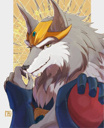  1boy animal_ears artist_logo beast_warriors_gulkeeva claws commentary_request fangs fangs_out furry furry_male greyfus highres looking_at_viewer male_focus okamoto_setsura smile star_(symbol) upper_body wolf_boy wolf_ears yellow_eyes 