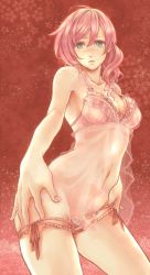  blush final_fantasy final_fantasy_xiii gyoden_maguro highres lightning_farron lingerie navel negligee pink_background pink_hair pink_theme solo underwear underwear_only  rating:Questionable score:103 user:danbooru