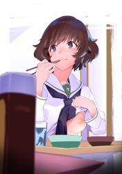  1girl absurdres akiyama_yukari black_neckerchief blouse blurry blurry_foreground blush bowl breasts brown_eyes brown_hair chopsticks closed_mouth clothes_lift commentary_request depth_of_field flashing girls_und_panzer highres holding holding_chopsticks indoors inverted_nipples kitou_sakeru lifting_own_clothes long_sleeves looking_to_the_side medium_breasts messy_hair neckerchief nipples no_bra one_breast_out ooarai_school_uniform oppai_challenge school_uniform serafuku shirt shirt_lift short_hair sweat white_shirt  rating:Questionable score:96 user:danbooru
