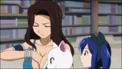 2girls animated animated_gif bare_shoulders blue_hair breasts brown_eyes brown_hair cana_alberona cat charle_(fairy_tail) cleavage closed_eyes fairy_tail female_focus large_breasts long_hair multiple_girls wendy_marvell rating:Sensitive score:63 user:von_karma
