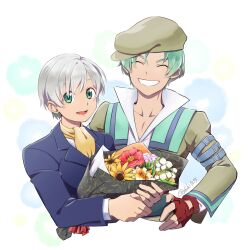  2boys ascot beret blue_jacket bouquet closed_eyes coat fingerless_gloves flower gloves green_eyes green_hair grin hair_between_eyes hand_on_own_hip hat highres holding holding_bouquet jacket looking_at_viewer male_focus multiple_boys open_mouth popped_collar red_gloves ruca_milda shiki_123 short_hair simple_background smile spada_belforma tales_of_(series) tales_of_innocence twitter_username white_hair yellow_ascot 