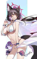  1girl absurdres animal_ear_fluff animal_ears bare_shoulders bead_bracelet beads bikini black_hair blue_archive blush bracelet breasts cape closed_mouth cowboy_shot flower fox_ears fox_girl fox_tail hair_flower hair_ornament halo highres jewelry large_breasts long_hair looking_at_viewer navel red_halo runfufu see-through simple_background smile solo standing stomach string_bikini swimsuit tail thigh_strap wakamo_(blue_archive) wakamo_(swimsuit)_(blue_archive) white_bikini yellow_eyes 