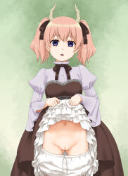  1girl black_ribbon bloomers bloomers_pull blue_eyes censored check_commentary clothes_lift commentary_request dress dress_lift frilled_dress frills fuji_shinobu gluteal_fold groin hair_ribbon horns lifted_by_self linie_(sousou_no_frieren) long_sleeves looking_at_viewer mosaic_censoring navel pink_hair purple_shirt pussy ribbon shirt short_hair short_twintails simple_background solo sousou_no_frieren twintails underwear 