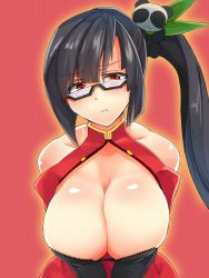  1girl :&lt; arc_system_works bare_shoulders black_background black_bra black_eyes black_hair blazblue bra breasts brll bursting_breasts chinese_clothes cleavage cleavage_cutout clothing_cutout glasses highres huge_breasts lao_jiu large_breasts leaning_forward litchi_faye_ling long_hair looking_at_viewer open_clothes ponytail pout red_background shiny_skin solo underwear  rating:Questionable score:97 user:Mightfox
