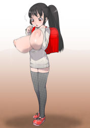 1girl backpack bad_id bad_pixiv_id bag black_hair blush bouncing_breasts breasts breasts_out bursting_breasts cleavage cleavage_cutout clothing_cutout framed_breasts full_body gradient_background huge_breasts j7w loli long_hair meikko-chan_(j7w) meme_attire nipples no_bra open-chest_sweater open_mouth oppai_loli original ponytail puffy_nipples randoseru ribbed_sweater sagging_breasts shadow simple_background smile solo standing sweater thighhighs turtleneck unaligned_breasts wardrobe_malfunction zettai_ryouiki rating:Questionable score:152 user:danbooru