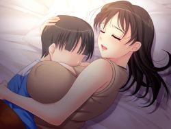 1boy 1girl age_difference bed between_breasts breast_smother breasts closed_eyes covered_erect_nipples face_to_breasts hug huge_breasts large_breasts open_mouth shota smile zundarepon rating:Questionable score:34 user:Manwe