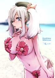 10s 1girl 2016 beach bikini bikini_tan blue_eyes breasts character_name dated finger_to_mouth flower hibiscus kantai_collection kashima_(kancolle) large_breasts leaning_forward looking_at_viewer nippleless_clothes nipples ocean outdoors side-tie_bikini_bottom silver_hair sky solo souryu swimsuit tagme tan tanline twintails rating:Explicit score:26 user:surveyork