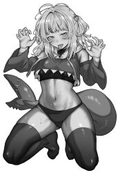  1girl blunt_bangs blush bra detached_sleeves fins fish_tail gawr_gura greyscale hair_ornament highres hololive hololive_english inamimi_(sheep1733) long_hair looking_at_viewer midriff monochrome multicolored_hair navel open_mouth shark_girl shark_tail sharp_teeth solo sweat tail teeth thighhighs tongue tongue_out training_bra underwear virtual_youtuber white_background 