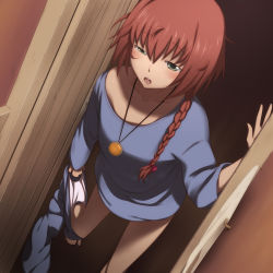 1girl barefoot blush braid brown_hair clothes_pull collarbone darker_than_black door drooling jewelry kanna_asuke leaning_forward long_hair messy_hair necklace no_pants open_mouth pajamas panties pants pants_pull panty_pull single_braid sleepy solo suou_pavlichenko tears underwear undressing uneven_eyes white_panties rating:Questionable score:114 user:danbooru