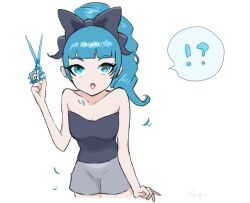 !? 1girl :o alternate_costume alternate_hairstyle bare_shoulders black_bow black_shirt blunt_bangs bow collarbone cropped_legs green_eyes green_hair grey_shorts gwen_(league_of_legends) hair_bow holding holding_scissors league_of_legends looking_at_viewer pale_skin ponytail rayn87250715 scissors shirt shorts simple_background solo speech_bubble strapless strapless_shirt symbol_in_eye teeth upper_teeth_only white_background rating:Sensitive score:1 user:danbooru