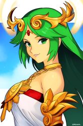  1girl absurdres breasts dress green_eyes green_hair highres kid_icarus kid_icarus_uprising long_hair looking_at_viewer nintendo palutena smgold solo strapless strapless_dress white_dress 