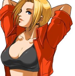 1girl arms_up blonde_hair blue_eyes blue_mary breasts cleavage cropped_jacket fatal_fury fatal_fury_special large_breasts lips lowres official_art short_hair snk solo sports_bra the_king_of_fighters upper_body rating:Sensitive score:13 user:danbooru