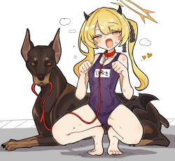  1girl animal animal_collar bare_arms bare_legs bare_shoulders barefoot black_horns black_one-piece_swimsuit blonde_hair blue_archive blush breasts collar covered_navel demon_horns dog fangs half-closed_eyes halo hands_up happy_jolson heart horns ibuki_(blue_archive) leash loli long_hair looking_at_viewer name_tag naughty_face one-piece_swimsuit open_mouth paw_pose pet_play pointy_ears red_collar school_swimsuit side_ponytail skin_fangs small_breasts smile solo spread_legs squatting sweat swimsuit white_background yellow_eyes yellow_halo  rating:Sensitive score:53 user:danbooru