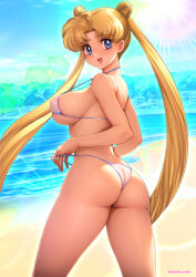 1girl artist_name ass bare_arms bare_shoulders beach bikini bikini_pull bishoujo_senshi_sailor_moon blonde_hair blue_eyes breasts clothes_pull commentary_request covered_erect_nipples day double_bun from_behind hair_bun highleg highleg_bikini highres large_breasts long_hair looking_at_viewer looking_back ocean outdoors oyaman see-through signature simple_background smile solo sunlight swimsuit thighs thong_bikini tsukino_usagi twintails twisted_torso water rating:Questionable score:97 user:danbooru