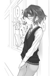  1boy androgynous blush candy collared_shirt commentary_request earrings fellatio_gesture food greyscale heart indoors jewelry licking lollipop long_sleeves looking_at_viewer male_focus monochrome nanamatsu_kenji necktie original school_uniform sexually_suggestive shirt solo speech_bubble sweater_vest tongue tongue_out translation_request 