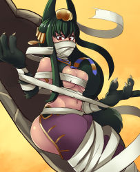 1girl animal_ears animal_hands anubis_(monster_girl_encyclopedia) asphyxiation ass ass_cutout bdsm black_hair bondage bound bound_legs breasts budget_sarashi chaps clothing_cutout covered_mouth dark-skinned_female dark_skin dog_ears egyptian egyptian_mythology gag gold green_hair greenmarine hair_ornament harem_pants highres large_breasts long_hair mask monster_girl monster_girl_encyclopedia mummification pants red_eyes revealing_clothes sarashi sarcophagus solo underboob you&#039;re_doing_it_wrong rating:Questionable score:44 user:danbooru