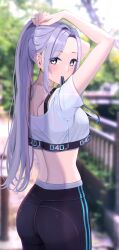  1girl absurdres arms_up black_pants black_sports_bra blurry blurry_background blush breasts crop_top cropped_shirt d4dj exercising grey_eyes high_ponytail highres inaka_44 looking_at_viewer looking_back medium_breasts midriff mouth_hold niijima_ibuki outdoors pants parted_bangs ponytail purple_hair see-through see-through_shirt shirt solo sports_bra yoga_pants 