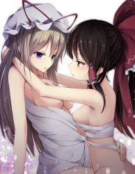  2girls armpits arms_around_neck bad_id bad_nicoseiga_id blonde_hair blush bow breasts breasts_out brown_eyes brown_hair chest_sarashi eye_contact frilled_bow frills from_side groin hair_bow hair_tubes hakurei_reimu hand_on_another&#039;s_back hat hat_ribbon highres hug looking_at_another mob_cap multiple_girls naked_towel nipples nude ponytail profile purple_eyes red_bow red_ribbon ribbon sarashi sidelocks simple_background touhou towel toyosaki_shu underboob white_background white_hat yakumo_yukari yuri  rating:Questionable score:34 user:danbooru