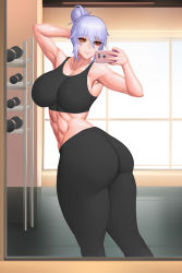  1girl abs absurdres alpha_queen_(closers) ass bare_arms breasts closers crop_top curvy dumbbell gym gym_clothes hair_bun highres huge_ass large_breasts mijangsen mirror muscular muscular_female phone ponytail purple_hair selfie smile solo sports_bra thick_thighs thighs weights window yellow_eyes 
