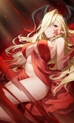  1girl absurdres bare_shoulders black_horns blonde_hair breasts dragon_horns facial_mark fate/grand_order fate_(series) hair_over_one_eye highres horns large_breasts long_hair long_horns looking_at_viewer lying navel nero_claudius_(fate) nero_claudius_(fate)_(all) no_panties on_back parted_lips pointy_ears queen_draco_(fate) queen_draco_(third_ascension)_(fate) red_eyes red_scales revealing_clothes shenqi_xiao_hong_zai_nali smile solo wavy_hair 