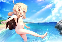  1girl backpack bag barefoot beach blonde_hair blush casual_nudity cloud feet flat_chest genshin_impact highres klee_(genshin_impact) leg_up loli long_hair looking_at_viewer nipples nude nyxerebos ocean open_mouth partially_submerged pointy_ears red_eyes sky solo sun toes  rating:Questionable score:207 user:FabricioDias