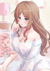  2girls absurdres bang_dream! bang_dream!_it&#039;s_mygo!!!!! blue_eyes blush breasts brown_hair chihaya_anon cleavage collarbone collared_shirt commentary_request dress_shirt guy_tired_after_sex_(meme) hickey highres indoors large_breasts long_hair long_sleeves lying meme meu203 multiple_girls nagasaki_soyo on_bed open_mouth pink_hair shirt sidelocks single_off_shoulder white_shirt yuri 