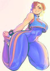 1girl absurdres alternate_costume bare_arms bare_shoulders blush bodysuit breasts brown_eyes brown_hair capcom chun-li covered_navel curvy double_bun eymbee half-closed_eyes highres kneeling large_breasts parted_lips shoes skin_tight smile sneakers solo street_fighter street_fighter_zero_(series) thick_thighs thighs underboob wide_hips rating:Sensitive score:91 user:danbooru