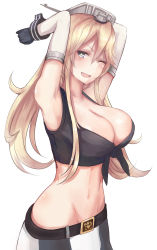 10s 1girl ;d armpits arms_up blonde_hair blue_eyes breasts cleavage elbow_gloves front-tie_top gloves groin highres iowa_(kancolle) kantai_collection kinryuu large_breasts long_hair looking_at_viewer midriff navel one_eye_closed open_mouth shiny_skin simple_background skirt smile solo star-shaped_pupils star_(symbol) striped_clothes striped_skirt symbol-shaped_pupils upper_body white_background rating:Questionable score:25 user:danbooru