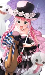 1girl :o absurdly_long_hair artist_request blunt_bangs blush braid breasts breasts_squeezed_together cleavage devil_fruit dress drill_hair eyelashes fingernails flower hat heart holding holding_umbrella horo_horo_no_mi log_pose long_hair looking_to_the_side medium_breasts one_piece perona pink_hair rose simple_background solo strapless strapless_dress stuffed_animal stuffed_toy top_hat umbrella very_long_hair white_background white_flower white_rose