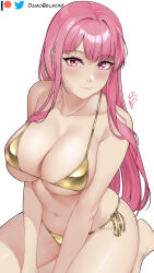  1girl bikini breasts cleavage closed_mouth commentary damobelmont english_commentary gold_bikini highres hololive hololive_english large_breasts long_hair looking_at_viewer mori_calliope navel pink_eyes pink_hair side-tie_bikini_bottom signature smile solo swimsuit virtual_youtuber white_background 
