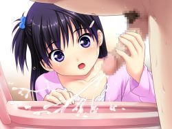  1boy 1girl age_difference black_hair censored clothed_female_nude_male cum ejaculation handjob hetero loli nonohara_miki nude open_mouth penis purple_eyes toilet  rating:Explicit score:117 user:68660195