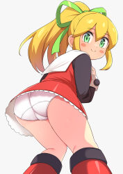 1girl ass black_shirt blonde_hair blush boots bow closed_mouth commentary_request dress green_bow green_eyes green_ribbon grey_background hair_ribbon hekomii highres knee_boots legs loli long_hair long_sleeves looking_at_viewer looking_back mega_man_(series) panties ponytail red_dress red_footwear red_skirt ribbon roll_(mega_man) shirt simple_background skirt sleeveless sleeveless_dress smile solo uncensored underwear white_background white_panties