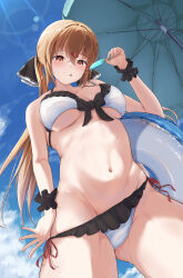  1girl absurdres bikini black_bow black_scrunchie blush bow breasts brown_eyes brown_hair closed_mouth cowboy_shot food hair_between_eyes hair_bow highres holding holding_food innertube kantai_collection large_breasts long_hair low_twintails navel parasol popsicle scrunchie smile solo sudachineko swim_ring swimsuit tashkent_(kancolle) tongue tongue_out twintails umbrella white_bikini wrist_scrunchie 