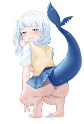  1girl absurdres after_anal after_vaginal aftersex anus barefoot blue_eyes blue_hair blue_skirt blue_tail blush commentary cum cum_in_ass cum_in_pussy cumdrip feet fins fish_tail from_behind full_body gawr_gura grin hair_ornament hand_to_own_mouth highres hololive hololive_english loli long_hair looking_back mirumiruchan multicolored_hair one_side_up pleated_skirt pussy school_uniform shark_girl shark_tail shirt skirt smile soles solo spanked squatting symbol-only_commentary tail tail_raised teeth two-tone_hair uncensored v vest virtual_youtuber whip_marks white_background white_hair white_shirt yellow_vest 