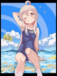  1girl ;d absurdres ahoge arm_at_side arm_behind_head arm_up armpits bird black_border blue_one-piece_swimsuit blue_sky blush border breasts bright_pupils brown_eyes character_name cloud collarbone commentary day feet_out_of_frame grin hair_between_eyes hair_over_shoulder happy head_tilt highres knee_up long_hair looking_at_viewer one-piece_swimsuit one_eye_closed onii-chan_wa_oshimai! open_mouth outdoors oyama_mahiro school_swimsuit seagull sidelocks sitting sky small_breasts smile solo straight_hair swimsuit tareme u_illustrator very_long_hair water wet wet_clothes wet_swimsuit 