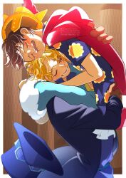  2boys ascot black_hair blonde_hair blue_shorts brown_gloves cape closed_eyes coat commentary crying gloves goggles goggles_on_headwear happy_tears hat helmet highres hug instagram_username liqueur_shika male_focus monkey_d._luffy multiple_boys one_piece profile red_cape sabo_(one_piece) short_hair shorts symbol-only_commentary tears twitter_username waistcoat white_ascot 