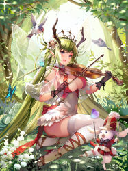  1girl ankle_ribbon antlers black_gloves breasts cleavage covered_navel day fairy fairy_wings flower gloves green_hair hair_flower hair_ornament high_heels highres horns instrument issign large_breasts leg_ribbon long_hair looking_at_viewer outdoors pointy_ears rabbit ribbon shadowverse sitting solo sparkle thighhighs very_long_hair violin white_thighhighs wings yokozuwari  rating:Sensitive score:8 user:danbooru