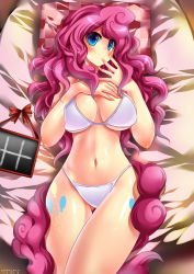 1girl bed_sheet blue_eyes blush bra breasts emperpep large_breasts long_hair looking_at_viewer lying my_little_pony my_little_pony:_friendship_is_magic navel on_back panties personification pillow pink_hair pinkie_pie shiny_skin smile solo tail tattoo thigh_gap underwear underwear_only very_long_hair rating:Sensitive score:98 user:danbooru