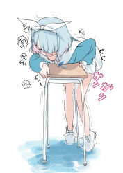  1girl absurdres arona_(blue_archive) blouse blue_archive blue_hair blue_shirt blush braid clothed_masturbation crotch_rub desk female_focus female_masturbation full_body hair_over_face heart highres loli masturbation ribbon school_desk shirt shoes short_hair simple_background single_braid skirt solo table_humping tamura-chan tiptoes trembling water white_background white_footwear white_skirt  rating:Explicit score:264 user:soemono
